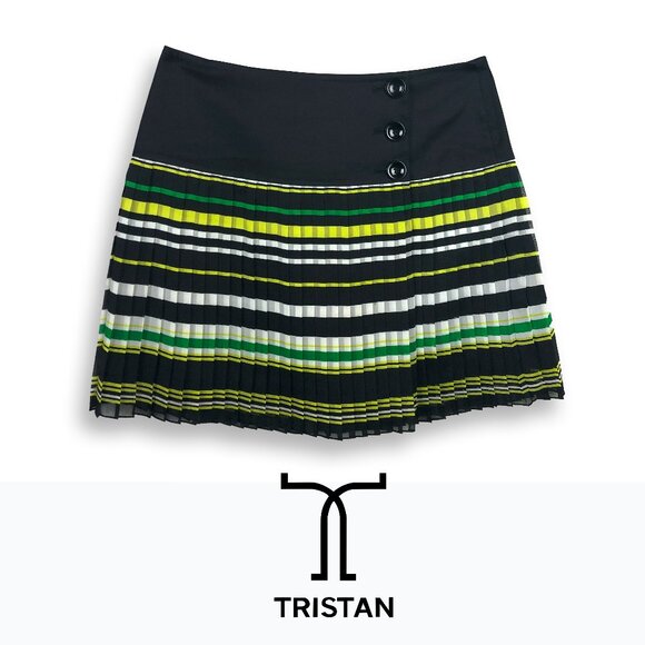 Tristan of Quebec sheer layered mini pleated skirt dark blue lime green white 10 - Picture 1 of 4
